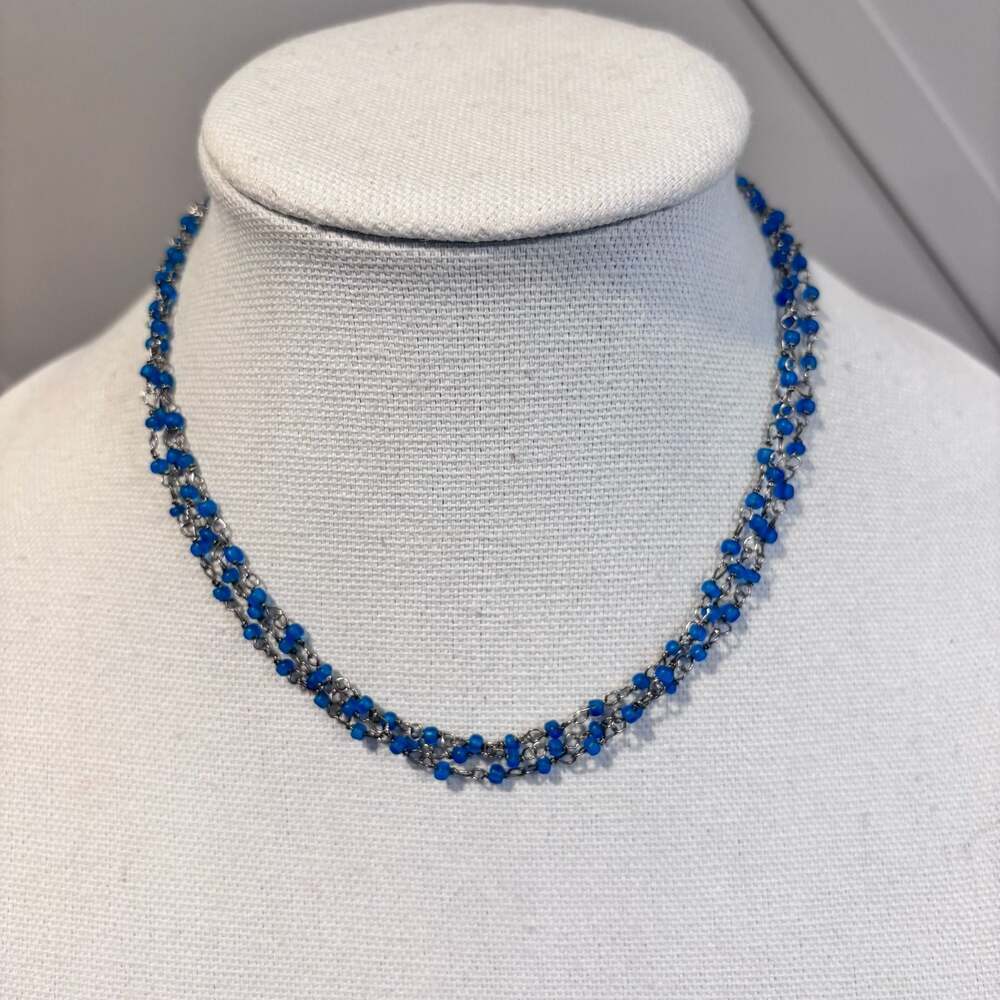 Blue Beaded Confetti Silver metal Necklace